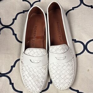 Robert Zur White Woven Leather Penny Loafers with Brown Insole